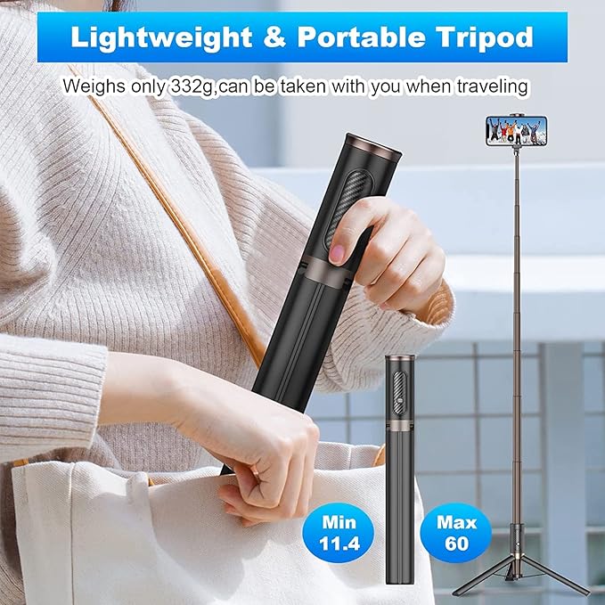 TONEOF Travel Tripod, Cell Phone Selfie Stick, 60 Inch All-in-1 Stand with Integrated Wireless Remote, Lightweight and Portable, Extendable Tripod for iPhone and Android