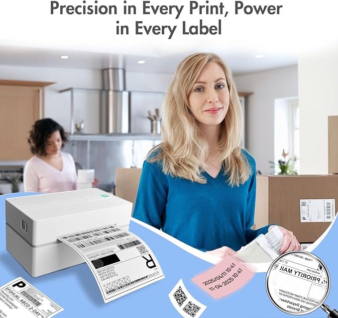 Bluetooth Thermal Shipping Label Printer: 4x6 Wireless Mini Clear Label Maker with Waterproof Tape for Small Business - Widely Used for USPS UPS Ebay Amazon Shopify Etsy, White