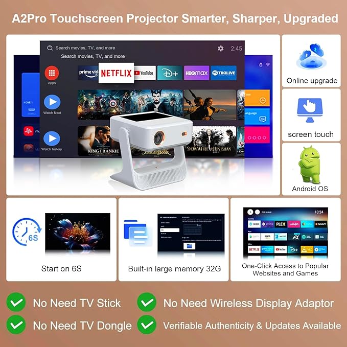 TouchScreen Smart Portable Projector, 4K Support Outdoor Projector with WiFi6 and Bluetooth, 800 ANSI 180° Rotatable,1000+ Apps, Auto Focus Keystone Movie Proyector for Home Theater/Outdoor/Gaming