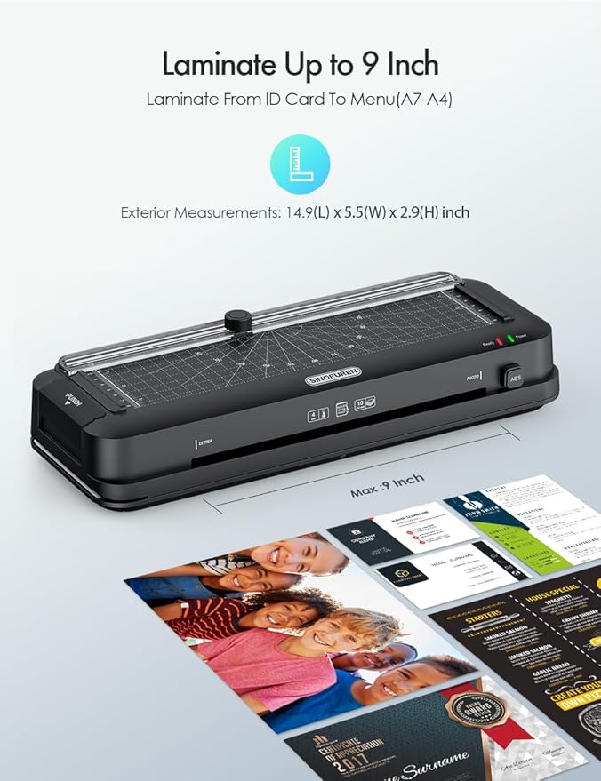 9-Inch Thermal Laminator Machine, 3-in-1 Laminator with Built-in Paper Trimmer, Hole Punch & Corner Rounder, 10 Laminating Pouches, Fast 3-Min Warm-Up, Jam-Free for Home, Office, School