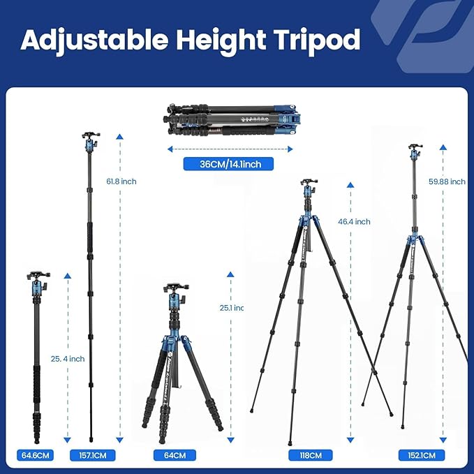 Fotopro 62" Carbon Fiber Travel Tripod, Compact Camera Tripod with Ball Head, Detachable Monopod with Arca-Swiss Quick Release Plate and Bag, Load up to 8KG/17.63lbs, Blue