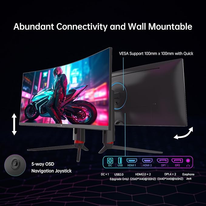 KTC 34 Inch Curved Ultrawide Gaming Monitor, 21:9, 3440x1440p 165Hz 1ms, 1500R Curved Monitor, Freesync G-sync Compatible, HDMI 2.0 x2 & DP1.4 x 2, Height/Tilt/Swivel/Pivot, H34S18S