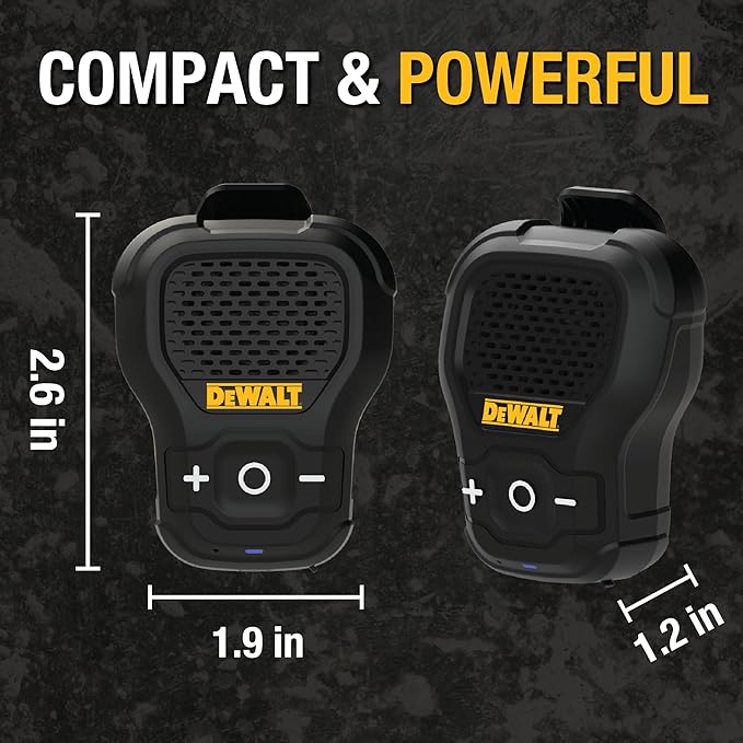 DEWALT Wearable Bluetooth Speaker [Onyx Edition - Black] Clip-On Wireless Jobsite Pro Water-Resistant Portable Speaker (Non- Magnetic), Mic for Hands-Free Music/Calls, Mini Speakers Bluetooth Wireless