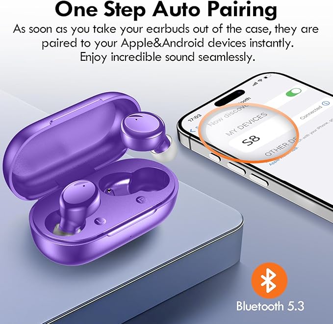 Lanteso True Wireless Bluetooth 5.3 Earbuds, 48H Playtime,Light Weight Headphones in Ear Buds Built in Mic Headset Premium Sound with Deep Bass,Clear Calls Earphones for Sports Workout Purple