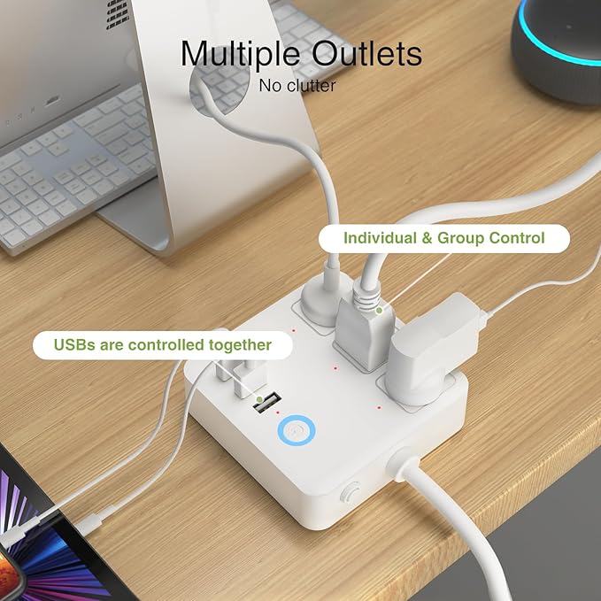 GHome Smart Power Strip with 3 USB Ports & 3 Smart Outlets Plugs That Work with Alexa & Google Home, WiFi Surge Protector, Flat Plug for Home Office Travel, 10A, White