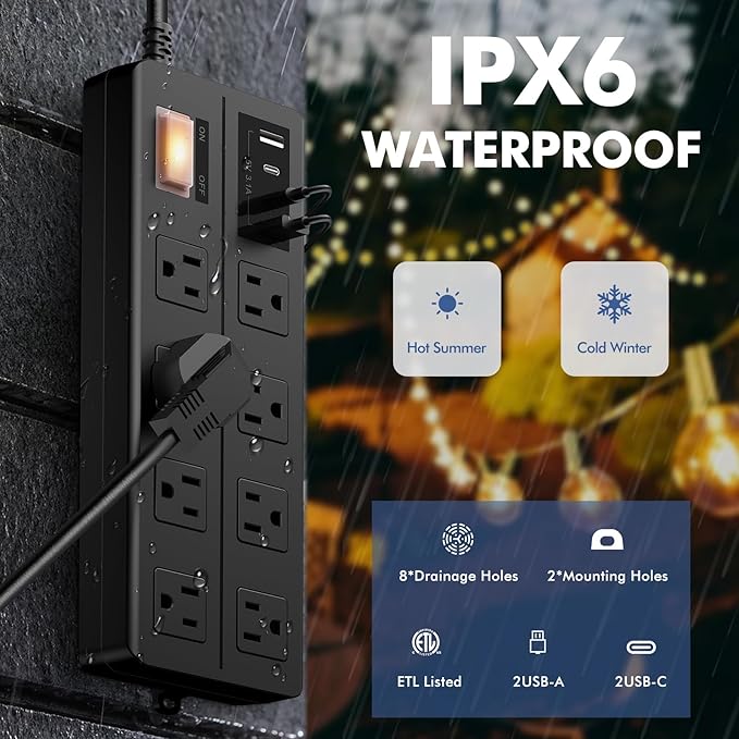 VNJ Outdoor Power Strip with 8AC Outlets + 4USB Ports, IPX6 Waterproof Surge Protector, Safety Lock Design and ETL-Certified Cables, 15FT Extension Cord for Home, Garden, and Commercial Use