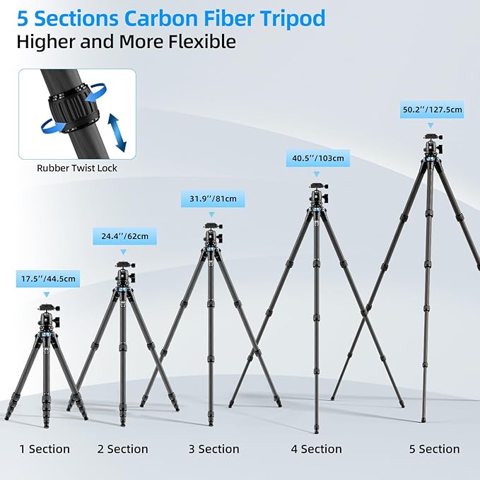 SIRUI Carbon Fiber Travel Tripod - Lightweight Only 0.93kg，Compact Tripod with 360° Panorama Ball Head Quick Release Plate, Max Height 50.2", Max Load 6kg for Camera, DSLR