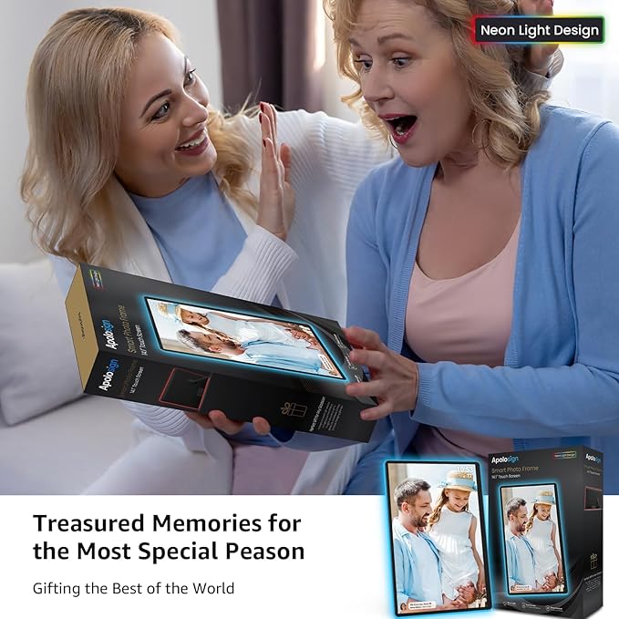 ApoloSign Neon Light Digital Picture Frame - 14" 2K FHD Display | AI Color-Changing LED Strip Digital Photo Frame | Quick Share Photos/Videos, Easy Setup in Frameo App | Best Digital Frame for Gifting