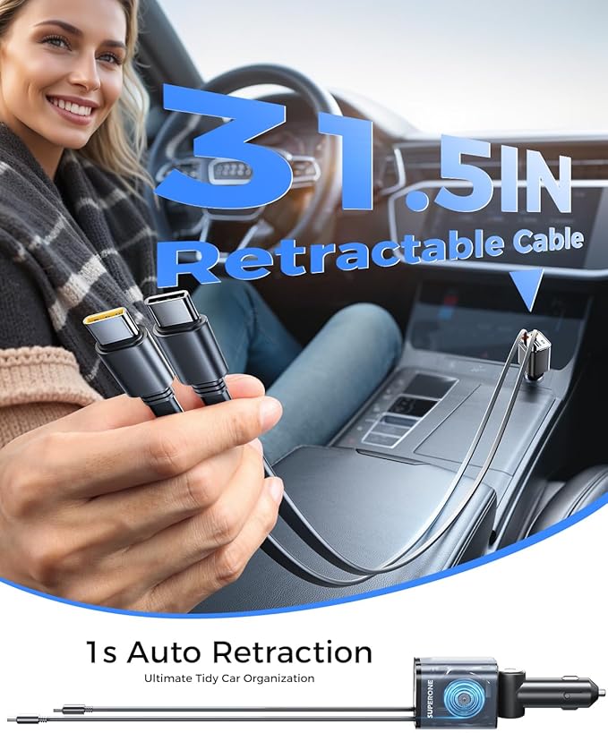 SUPERONE 6 in 1 Retractable Car Charger with Dual Type C Cables, 99W Ultra-Compact USB C Car Accessories Adapter with 4 USB Ports, Fast Charging Car Charger for iPhone 17/16/15/14/13/12, Galaxy, iPad