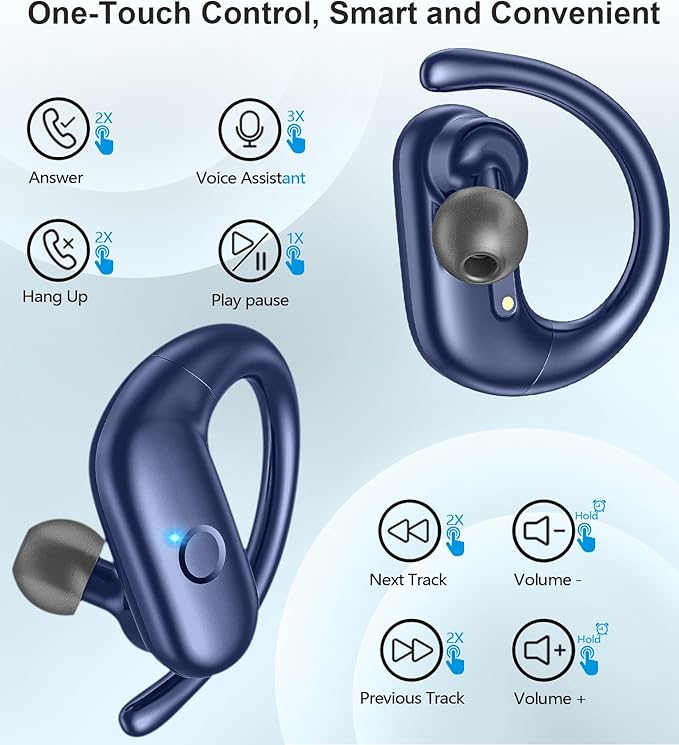 MOZOTER Wireless Earbuds Bluetooth Headphones Sport,Over Ear Buds with Deep Bass Sound,60Hrs Playtime Earphones Redesigned Comfort Fit with Earhooks for Running,Meeting,Workout- Blue