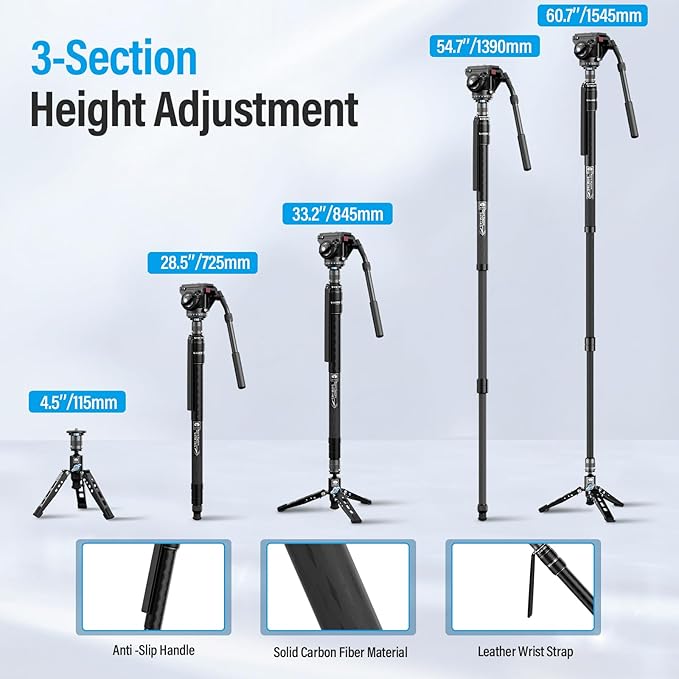 SIRUI SVM-145 Carbon Fiber Camera Monopod with Feet, 60.7" Professional Lightweight Travel Monopod with Fluid Video Head for DSLR Camera, One-Step Height Adjustment, Modular, Max Load 22lbs