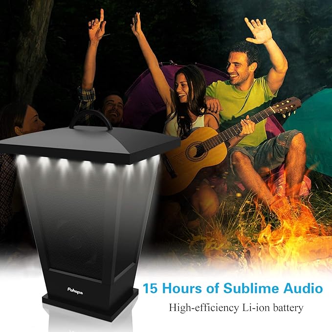 pohopa Bluetooth Speaker Waterproof, Portable Outdoor Wireless Speaker with LED Strip Lights Around, Support 2 or More Speakers 5.8Ghz Pairing Sync Shared Audio,Lantern Design Black