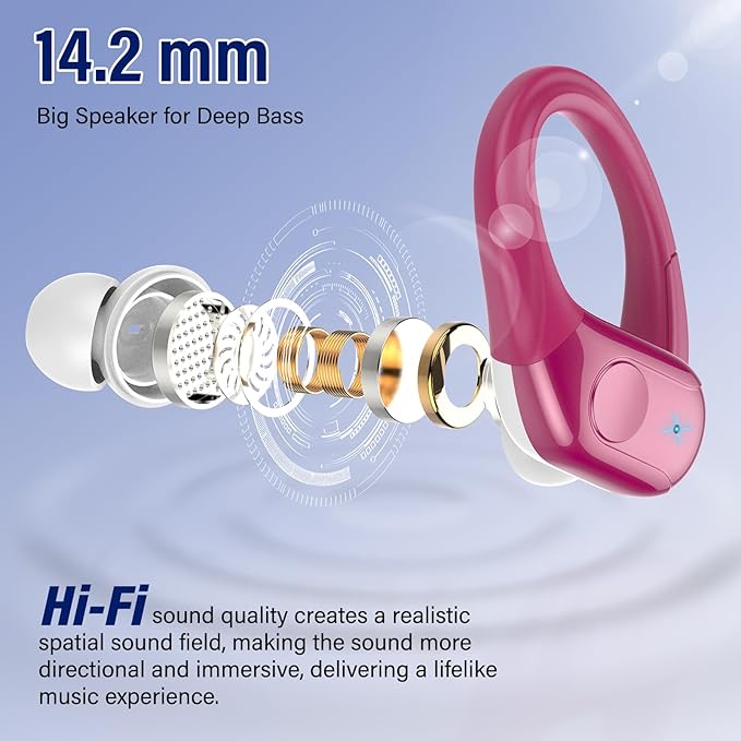 Wireless Earbuds Bluetooth 5.4 Headphones 75H Stereo Deep Bass Sports Over Ear Buds with Earhooks, LED Display Bluetooth Earbuds with 4 ENC Mic, IP7 Waterproof Earphone for Running, Rose Gold