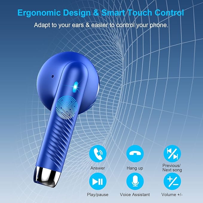 Wireless Earbuds, Bluetooth 5.4 Earbuds Stereo Bass, Bluetooth Headphones in Ear Noise Cancelling Mic, Earphones IP7 Waterproof Sports, 32H Playtime USB C Charging Case Blue Ear Buds for Android iOS