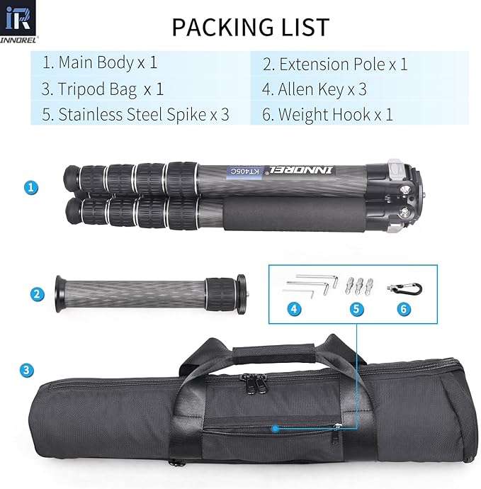 INNOREL KT405C Compact Carbon Fiber Camera Tripod 40mm Max Tube Professional 5 Sections Travel Tripod for Digital DSLR Video Camcorder Heavy Duty Camera Stand Load 77.2lb/35kg with Center Column
