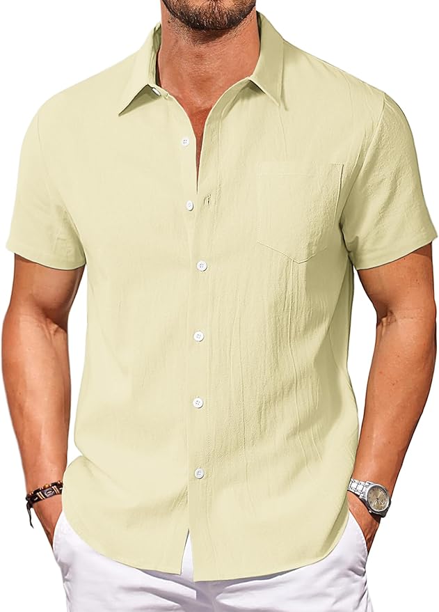 Vssjavun Mens Short Sleeve Button Down Shirts Casual Cotton Shirt Summer Beach Tops with Pocket