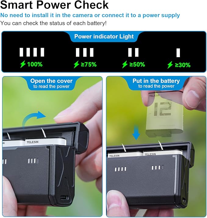 TELESIN Enduro Battery Charger for GoPro 12 11 10 9, Pocket Size with Smart Power Indicator Side Charging Port for Go Pro Enduro Batteries Hero 12 11 10 9 Original Charge Accessories