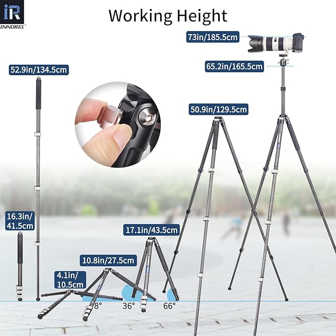 INNOREL KT254CF Carbon Fiber Tripod Professional Portable Compact Travel Tripod for Digital DSLR Camera Stand Support with Adjustable Center Column 1.01in/25.6mm Tube Max Load 33lbs/15kg