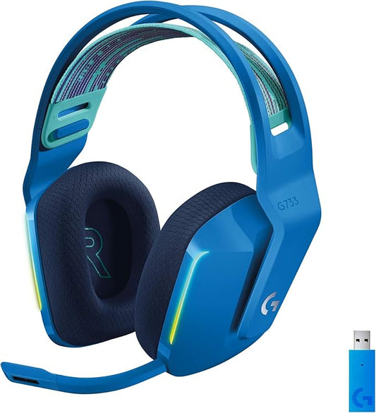 Logitech G733 Lightspeed Wireless Gaming Headset, Suspension Headband, Lightsync RGB, Blue VO!CE Mic, PRO-G Audio – Blue, Gaming Headset Wireless, PC, PS5, PS4, Switch Compatible