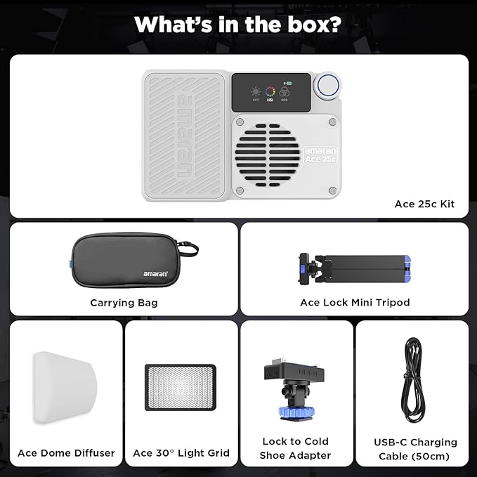 Amaran Ace 25c Kit, Pocket RGBWW LED Light, Boost Mode Up to 32W, Full-Color Mini Video Light (2,300-10,000K), 1,171 Lux@1m at 5,600K, 4500mAh Battery with PD Charging for Mobile Creators (White)