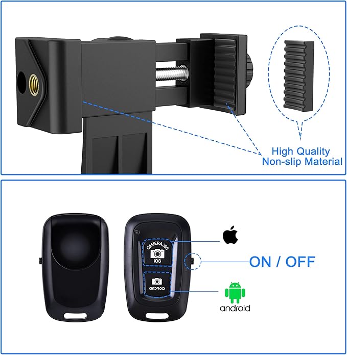 Universal Phone Tripod Mount Adapter with Ｗireless Camera Remote , Cell Phone Holder with Adjustable Clamp for Selfie Stick Monopod Compatible with iPhone, Samsung and so on , Wrist Strap Included