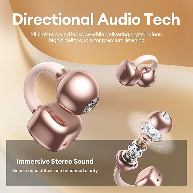 PAXA Clip On Earbuds, Clipbuds7 Open Ear Earbuds Wireless Bluetooth 5.4 with LED Display, Auto L-R Ear Recognition&Touch Control, Ultra-Light 4.5g Fit Comfort for Sports Fitness Daily Use, Rose Gold