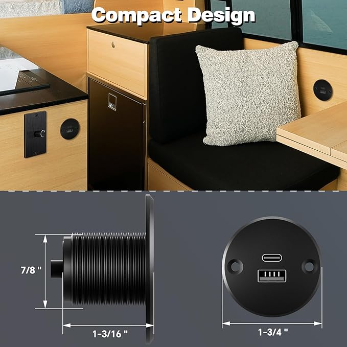 Acegoo RV USB Outlet All-Aluminum Type A + Type C Ports 12V/24V USB Charger, Recessed Mount 24W High-speed Charging Socket, PD3.0 & QC3.0 Fast Charger for Camper Trailer Van Car Boat Golf Cart (2Pcs)