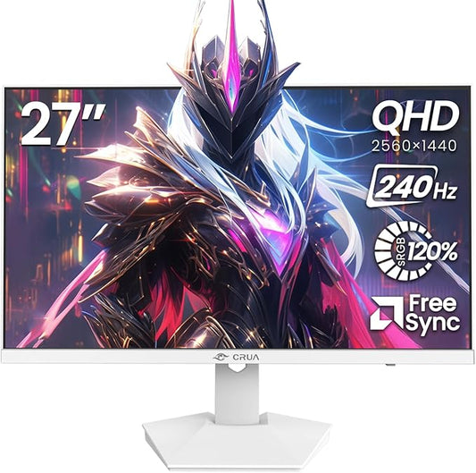 CRUA 27" 240Hz Gaming Monitor, 2k QHD(2560 * 1440P) IPS Screen Computer Monitor, Supports AMD Freesync, 120% sRGB, Blue Light Filter, Built-in Speakers, Wall Mountable Installs(HDMI 2.0/DP 1.4)-White