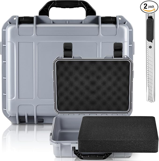 14.3 x 11.4 x 4.5 Inch Waterproof Hard Case with DIY Customizable Foam Insert Portable Protective Case with Knife for Camera Drones Equipments Tools Test Instruments (Gray)