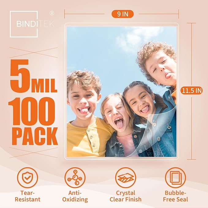 Binditek 100 Pack 5 Mil Thermal Laminating Pouches, 9x11.5 Inches Laminating Sheets, for Letter Size, Ultra Clear, Glossy, Hold 8.5x11 Inches, Heat Seal, School Office Supplies