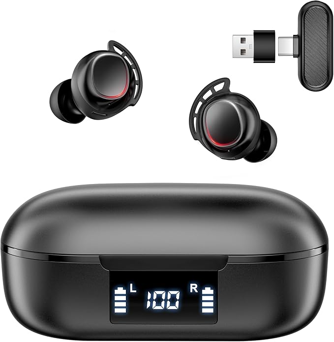 IAMJOY Wireless Gaming Earbuds, 20ms Low Latency, Game Earbuds with Mic, 2.4GHz & Bluetooth, Compact LED Display Wireless Earbuds Compatible with Meta Quest 3/2, PS5/4, Steam Deck, VR, Switch, PC