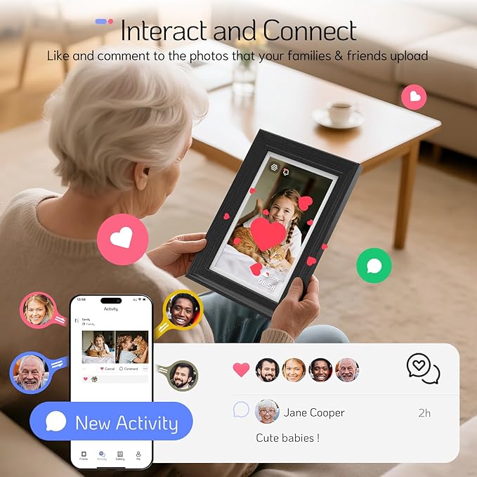 NexFoto Touchscreen Digital Picture Frame 10.1 Inch, WiFi Photo Frame Electronic 64GB, Add Photos from Google Photos, Easy to Share Videos via App/USB/Micro SD, for Mom/Birthday, Black Wood