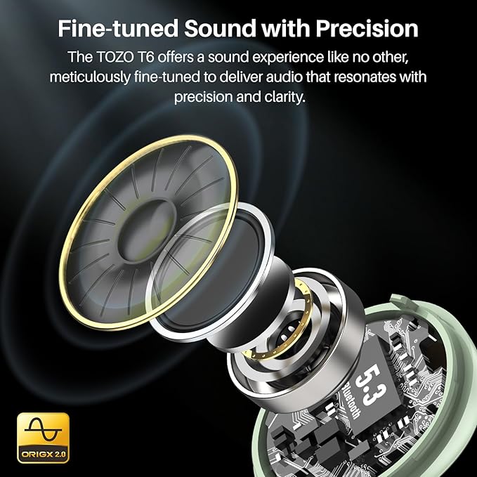 TOZO T6 Wireless Earbuds, IPX8 Waterproof Ear Buds, Stereo Bass Sound Bluetooth 5.3 Headphones in Ear, 50 Hours Playtime Earphones, Wireless Charging Case, Custom 32 EQ via APP
