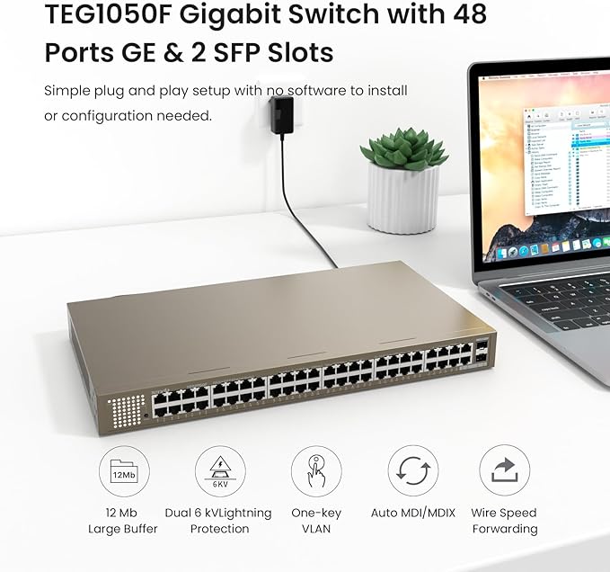 Tenda TEG1050F, 48 Port Gigabit Switch, Unmanaged Ethernet Switch with 48 Gigabit Ports & 2 SFP Slots, Plug & Play, Desktop/ Rack-Mount, Fanless & Metal Design, Limited Lifetime Protection