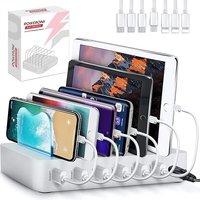 USB Charging Station Dock - 6-Port - Fast Charge Docking Station for Multiple Devices - Multi Device Charger Organizer - Compatible with Apple iPad iPhone and Android Cell Phone and Tablet