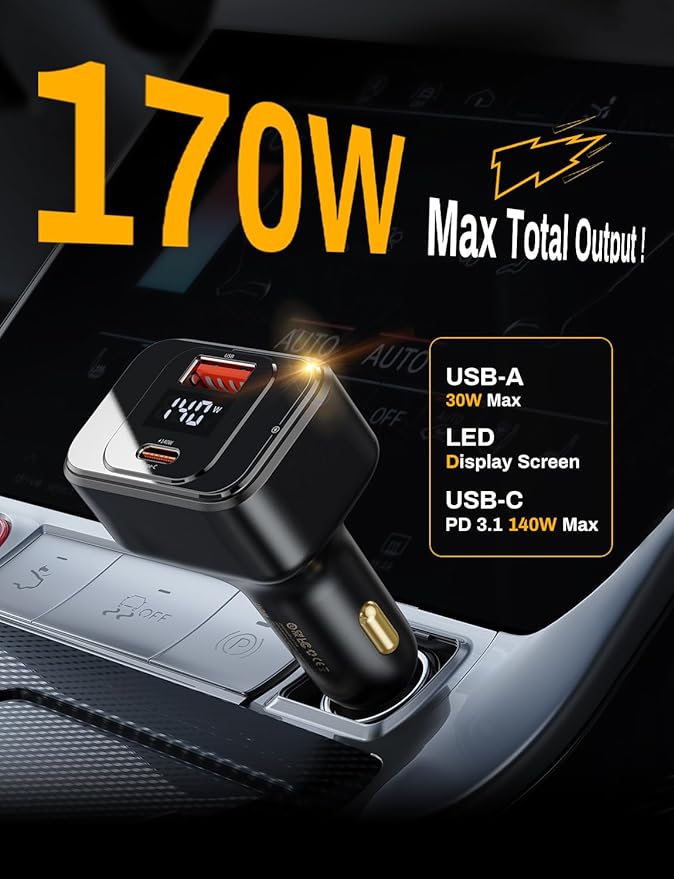 PD3.1 140W Single Port Max Output Power USB-C Car Charger, 170W Max 2-Port Type-C Fast Car Charger with Real-Time Display for MacBook, Laptop, iPhone 17/16/15/14, Samsung S25/24, Drone and More