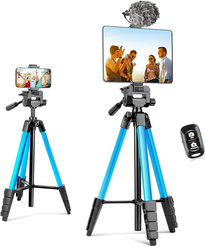 Aureday Phone Tripod Stand, 64” Extendable Cell Phone&Camera Tripod with Wireless Remote and Phone Holder, Aluminum iPad Tripod for Video Recording/Selfies/Live Stream/Vlogging (Blue)