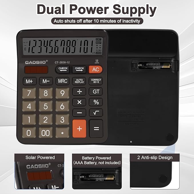 Desktop Calculator, Extra Large 5 Inch LCD Display, Desk Calculator, 12 Digits, Calculators with Big Buttons, Solar and AAA Battery Dual Power,Office Calculators for Business School Home(Black)