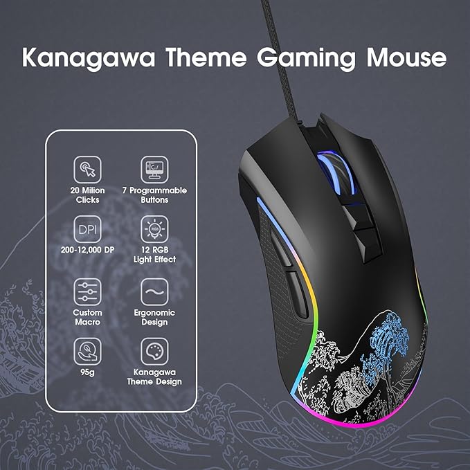 XVX Wired Gaming Mouse, 12000 DPI RGB Mouse with 12 Backlit Modes & 7 Macro Buttons, Gaming Mice Support DIY Keybinding, Gamer Computer Mice for Laptop PC Mac Windows, Wave