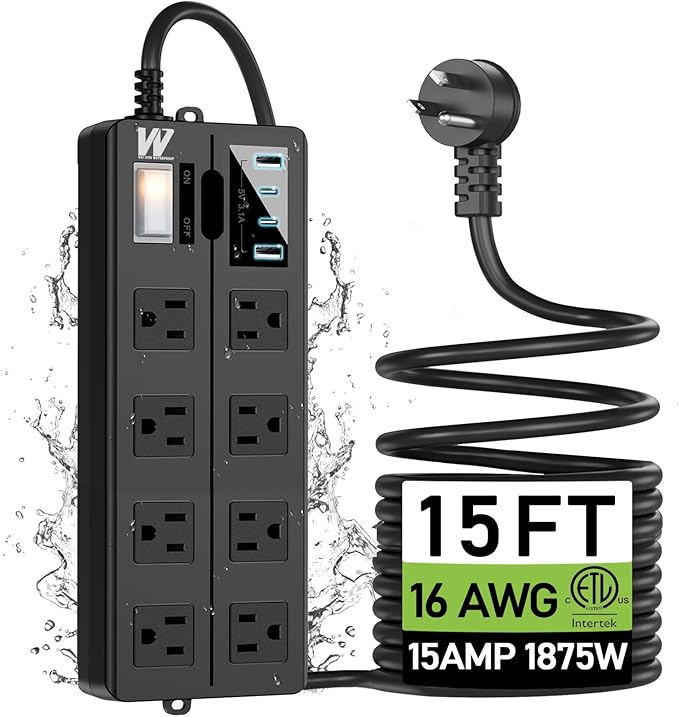 VNJ Outdoor Power Strip with 8AC Outlets + 4USB Ports, IPX6 Waterproof Surge Protector, Safety Lock Design and ETL-Certified Cables, 15FT Extension Cord for Home, Garden, and Commercial Use