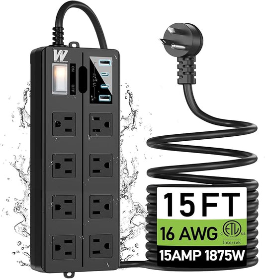 VNJ Outdoor Power Strip with 8AC Outlets + 4USB Ports, IPX6 Waterproof Surge Protector, Safety Lock Design and ETL-Certified Cables, 15FT Extension Cord for Home, Garden, and Commercial Use