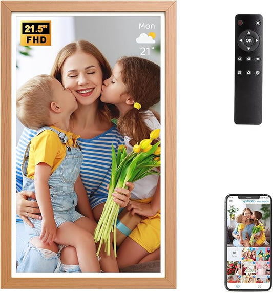 21.5" Large Digital-Picture-Frame Smart Photo-Frame - 1920 x 1080 FHD IPS No Touch Screen Wood WiFi Photo Frames, Wall Mounted, 32GB, Remote Control, Send Photos Videos via APP Email, Gift for Mom Dad