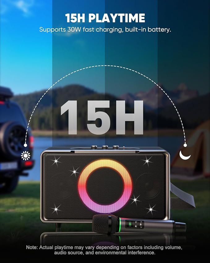 GFEEN Portable Bluetooth Speaker: 200W Peak, Deep Bass, 15H Playtime, Large Party Wireless Speakers, Powerful Loud Sound, Light Show, Fast Charging for Outdoor, Backyard, Home(Silver with 1Mic)