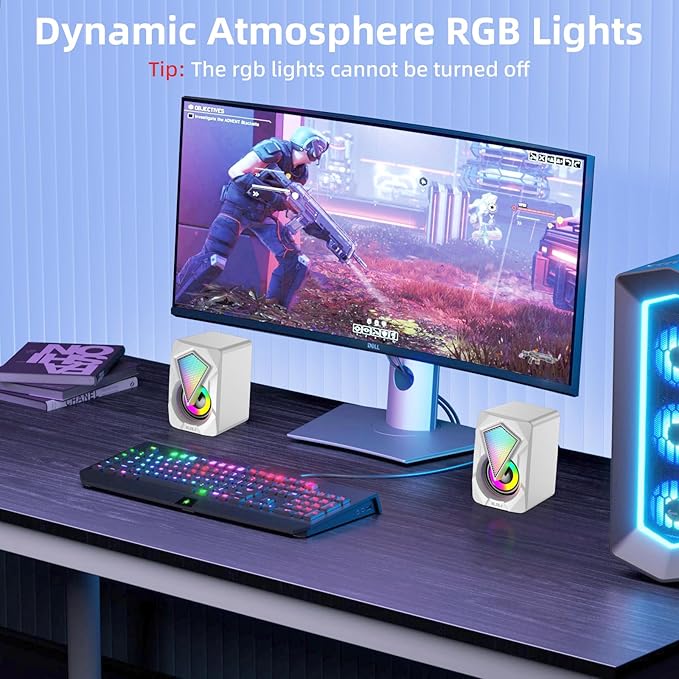 NJSJ Computer Speakers for Desktop, USB-Powered Stereo 2.0 PC Speakers, Portable Small Speaker for Laptop Monitor with 3.5mm Aux Input, Colorful LED Lights - White