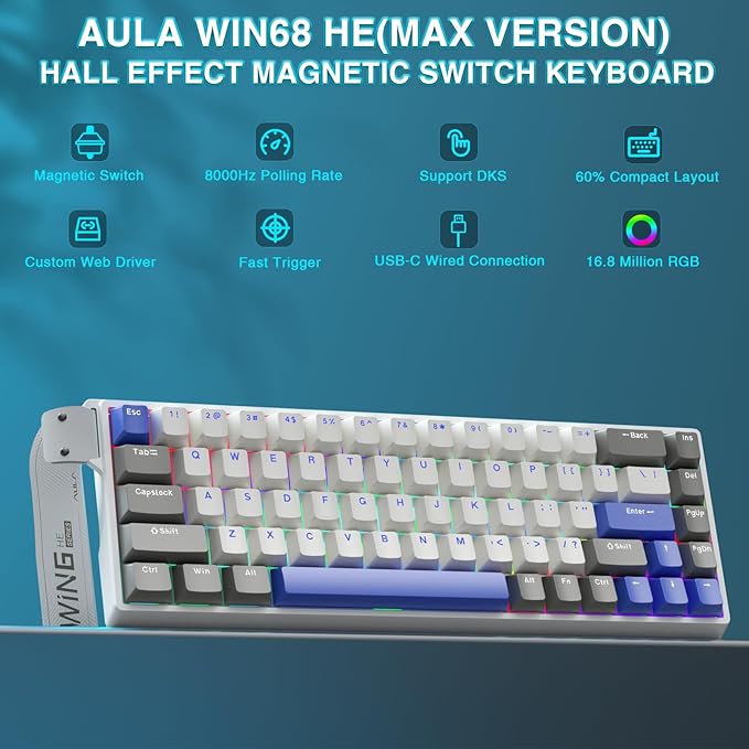 AULA WIN68 HE MAX - Hall Effect Gaming Keyboard with Magnetic Switch, Adjustable Actuation Fast Trigger Mode, 8KHz Polling Rate, RGB Backlit Wired Mechanical Gaming Keyboard 60 Percent Compact Design