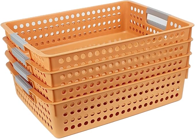 Turn in Trays Classroom, 4Pcs Paper Trays for Classroom, Book Baskets for Library, Drawers, Office, Home (Orange)