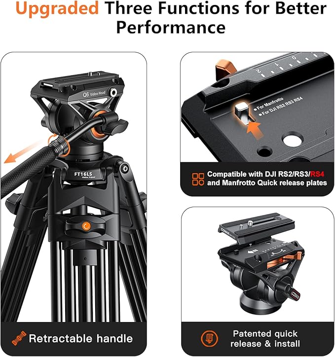 Video Tripod, COMAN 74" Professional Metal Heavy Duty Camera Tripods with Adjustable Damping Fluid Head, Dual-Mode QR Plate Compatible with DJI RS4 Manfrotto (Q6 New Fluid Head)