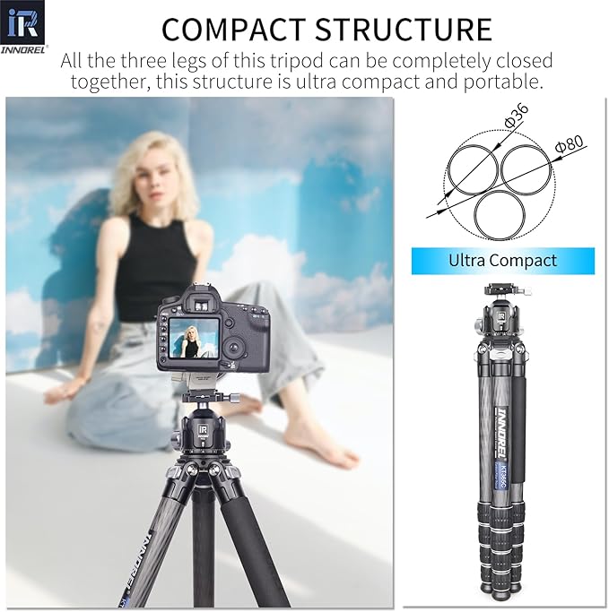 INNOREL Carbon Fiber Compact Tripod KT365C Professional 36mm Tube 5 Sections Heavy Duty Camera Stand for Digital DSLR Video Camcorder with 52mm Low Profile Panoramic Ballhead Center Column Load 30kg