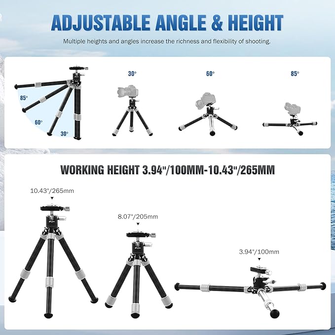 Carbon Fiber Mini Table Tripod with 360° Ball Head for Camera, Lightweight Desktop Tripod with Panoramic Base, 1/4" Arca QR Plate for Phone Adaptor/Projector/SLR, Max Height 10.43", Max Load 11LB/5KG