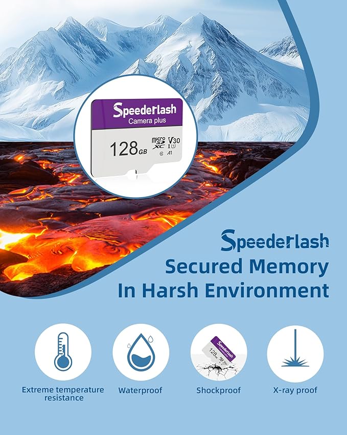 Micro SDXC Memory Card 128GB 2 Pack, Speederlash Camera Plus TF Card with Adapter, 90MB/s Read Speed, 4K UHD&5K Video Support, U1 V30 A1 Rated, Waterproof, for Gaming Devices, Drones, Smartphones